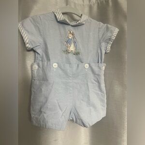 A Beatrix Potter Light Blue Romper with Bunny Design